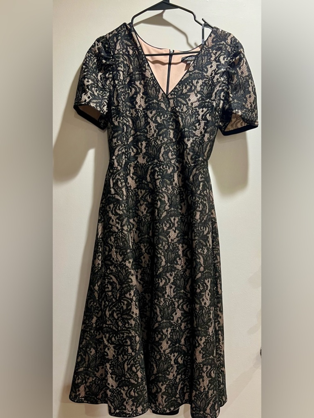 Kensie Black Lace Midi Dress with Nude Underlay